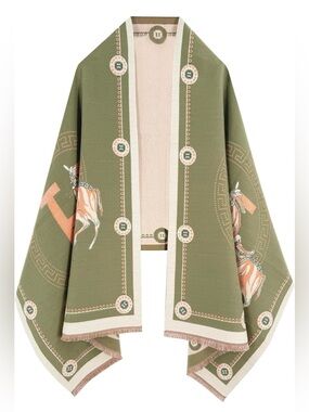 Olive Green Patterned Shawl Coat with Horse Motif